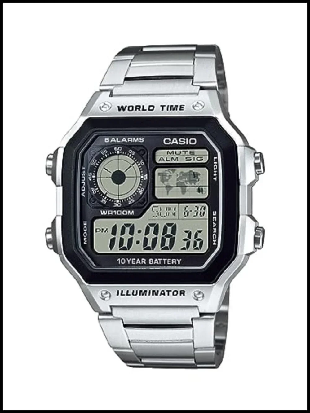 Casio Men's Digital Watch Stainless Steel World Time 100M WR 10 Year Battery